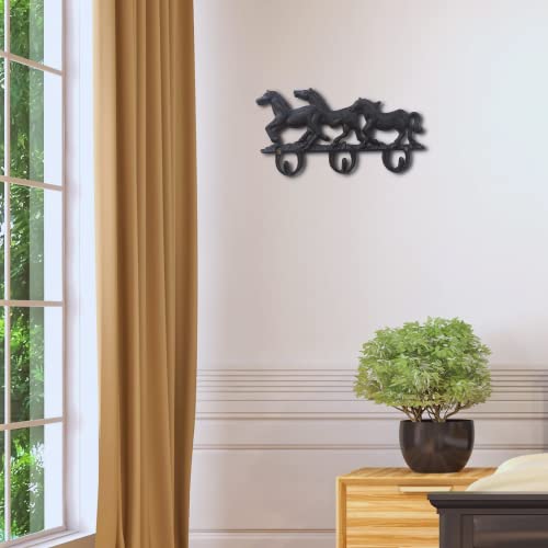 Comfy Hour 6.69" Cast Iron Three Running Horse Triple Key Coat Hooks Wall Hanger Clothes Rack Set Heavy Duty Recycled, Dark Brown, Antique & Vintage Collection