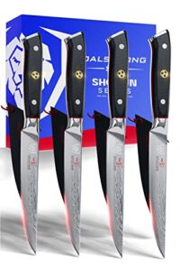 dalstrong steak knives set - 5 inch - shogun series elite - damascus - japanese aus-10v super steel - 4 piece - razor sharp fillet knives - table set - razor sharp kitchen knife set - sheaths included