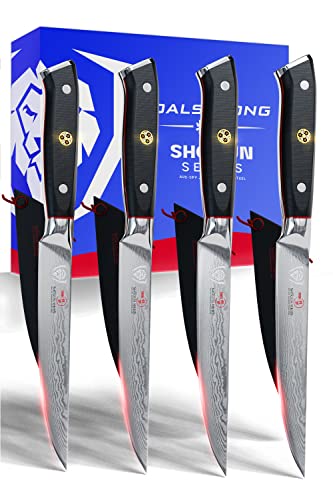 DALSTRONG Steak Knives Set - 5 inch - Shogun Series ELITE - Damascus - Japanese AUS-10V Super Steel - 4 Piece - Razor Sharp Fillet Knives - Table Set - Razor Sharp Kitchen Knife Set - Sheaths Included