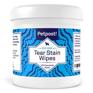 petpost | tear stain remover wipes - 100 presoaked cotton pads - best natural eye crust treatment for white fur - maltese angels approved - chemical and bleach free - 4 oz.