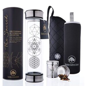 the sacred tea bottle with infuser & strainer combo - bpa free glass travel tumbler with stainless steel filter. leakproof tea mug for loose leaf tea and fruit water 14 ounce