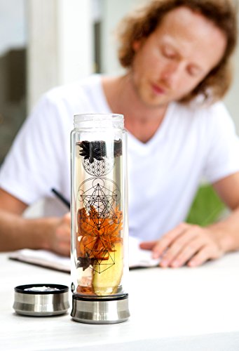 The Sacred Tea Bottle with Infuser & Strainer Combo - BPA Free Glass Travel Tumbler with Stainless Steel Filter. Leakproof Tea Mug for Loose Leaf Tea and Fruit Water 14 Ounce