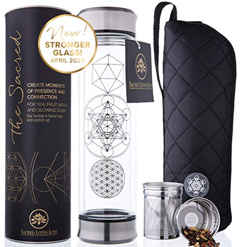The Sacred Tea Bottle with Infuser & Strainer Combo - BPA Free Glass Travel Tumbler with Stainless Steel Filter. Leakproof Tea Mug for Loose Leaf Tea and Fruit Water 14 Ounce
