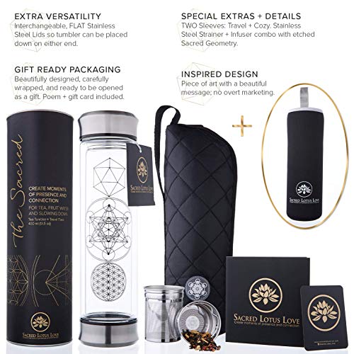 The Sacred Tea Bottle with Infuser & Strainer Combo - BPA Free Glass Travel Tumbler with Stainless Steel Filter. Leakproof Tea Mug for Loose Leaf Tea and Fruit Water 14 Ounce