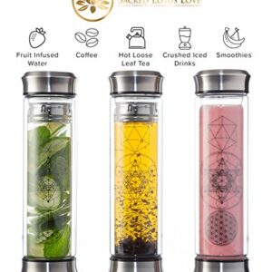 The Sacred Tea Bottle with Infuser & Strainer Combo - BPA Free Glass Travel Tumbler with Stainless Steel Filter. Leakproof Tea Mug for Loose Leaf Tea and Fruit Water 14 Ounce