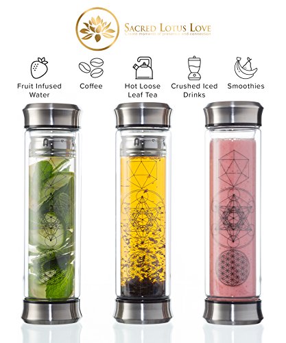 The Sacred Tea Bottle with Infuser & Strainer Combo - BPA Free Glass Travel Tumbler with Stainless Steel Filter. Leakproof Tea Mug for Loose Leaf Tea and Fruit Water 14 Ounce