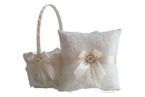 Alex Emotions Ivory Flower Girl Basket and Ring Bearer Pillow Set - Ivory Wedding Basket Pillow Set, Lace Ring Pillow, Lace Ring Holder, Lace Ring Pillow