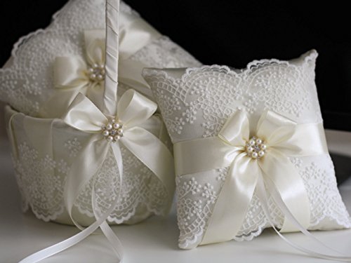 Alex Emotions Ivory Flower Girl Basket and Ring Bearer Pillow Set - Ivory Wedding Basket Pillow Set, Lace Ring Pillow, Lace Ring Holder, Lace Ring Pillow