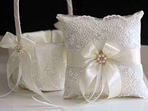 Alex Emotions Ivory Flower Girl Basket and Ring Bearer Pillow Set - Ivory Wedding Basket Pillow Set, Lace Ring Pillow, Lace Ring Holder, Lace Ring Pillow