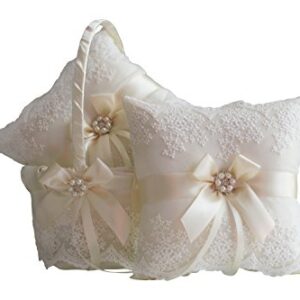 Alex Emotions Ivory Flower Girl Basket and Ring Bearer Pillow Set - Ivory Wedding Basket Pillow Set, Lace Ring Pillow, Lace Ring Holder, Lace Ring Pillow