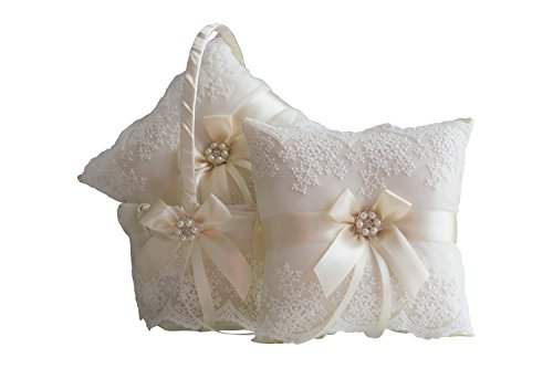 Alex Emotions Ivory Flower Girl Basket and Ring Bearer Pillow Set - Ivory Wedding Basket Pillow Set, Lace Ring Pillow, Lace Ring Holder, Lace Ring Pillow