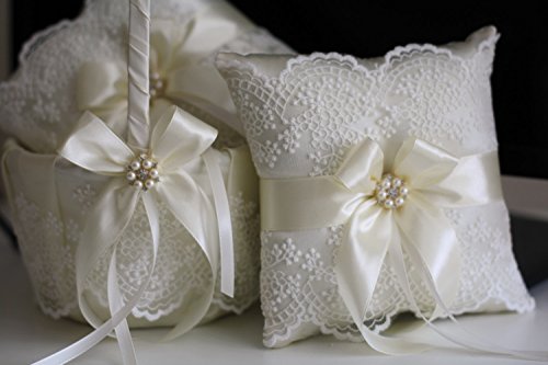 Alex Emotions Ivory Flower Girl Basket and Ring Bearer Pillow Set - Ivory Wedding Basket Pillow Set, Lace Ring Pillow, Lace Ring Holder, Lace Ring Pillow