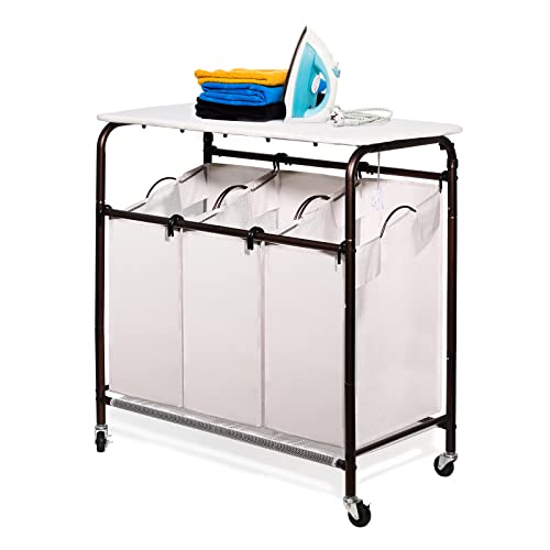 Ollieroo Classic Rolling Laundry Sorter Cart Heavy Duty 3 Bags Laundry Hamper Sorter with Ironing Board (Beige)