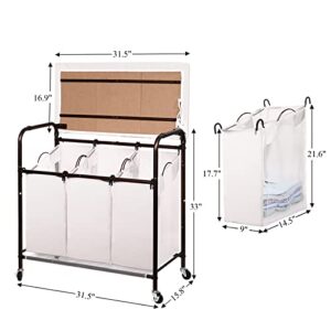 Ollieroo Classic Rolling Laundry Sorter Cart Heavy Duty 3 Bags Laundry Hamper Sorter with Ironing Board (Beige)