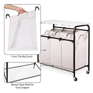 Ollieroo Classic Rolling Laundry Sorter Cart Heavy Duty 3 Bags Laundry Hamper Sorter with Ironing Board (Beige)