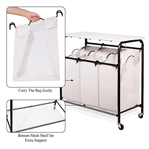 Ollieroo Classic Rolling Laundry Sorter Cart Heavy Duty 3 Bags Laundry Hamper Sorter with Ironing Board (Beige)