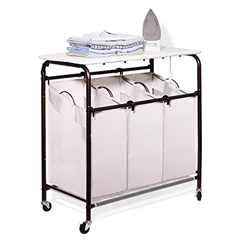 Ollieroo Classic Rolling Laundry Sorter Cart Heavy Duty 3 Bags Laundry Hamper Sorter with Ironing Board (Beige)