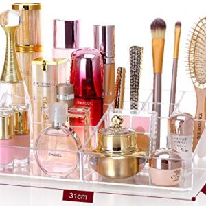 Clear Acrylic Makeup Organizer Tray,9 Spaces Cosmetic Display Case Storage Box for Lipstick,Makeup Brushes and Skin Care Product,13.8"x8.3"x3.6",Pack of 1