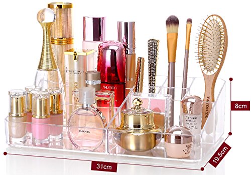 Clear Acrylic Makeup Organizer Tray,9 Spaces Cosmetic Display Case Storage Box for Lipstick,Makeup Brushes and Skin Care Product,13.8"x8.3"x3.6",Pack of 1