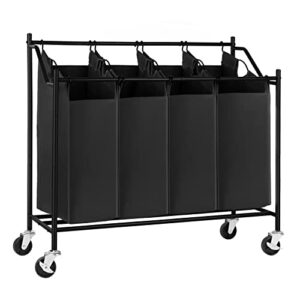 songmics 4-bag laundry cart sorter, rolling laundry basket hamper, with 4 removable bags, casters and brakes, black urls90h