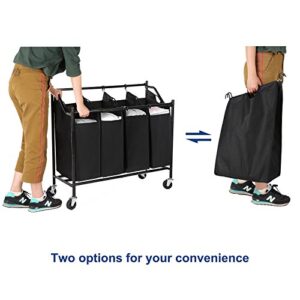 SONGMICS 4-Bag Laundry Cart Sorter, Rolling Laundry Basket Hamper, with 4 Removable Bags, Casters and Brakes, Black URLS90H