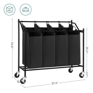 SONGMICS 4-Bag Laundry Cart Sorter, Rolling Laundry Basket Hamper, with 4 Removable Bags, Casters and Brakes, Black URLS90H