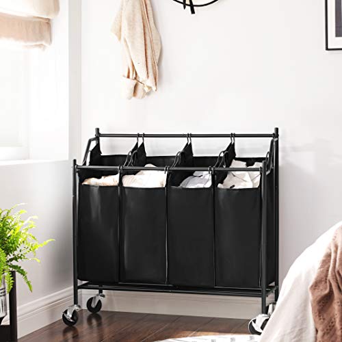 SONGMICS 4-Bag Laundry Cart Sorter, Rolling Laundry Basket Hamper, with 4 Removable Bags, Casters and Brakes, Black URLS90H