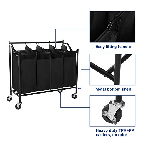 SONGMICS 4-Bag Laundry Cart Sorter, Rolling Laundry Basket Hamper, with 4 Removable Bags, Casters and Brakes, Black URLS90H