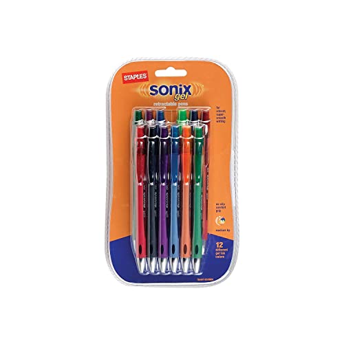 STAPLES 634984 Sonix Retractable Gel Pens Medium Point Assorted Ink 12/Pk