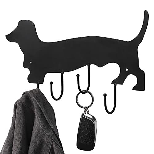 MyGift Wall Mounted Black Metal Coat Rack and Key Rack with Dachshund Dog Cut Out Design, Hanging Dog Leash Organizer Rack with 4 Hooks