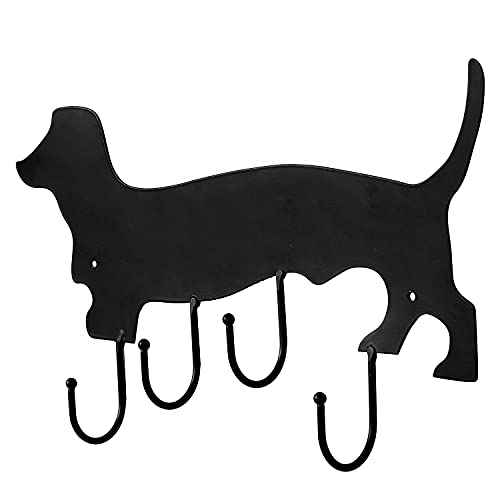 MyGift Wall Mounted Black Metal Coat Rack and Key Rack with Dachshund Dog Cut Out Design, Hanging Dog Leash Organizer Rack with 4 Hooks