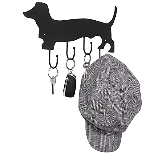 MyGift Wall Mounted Black Metal Coat Rack and Key Rack with Dachshund Dog Cut Out Design, Hanging Dog Leash Organizer Rack with 4 Hooks