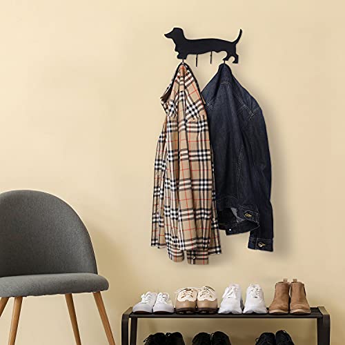 MyGift Wall Mounted Black Metal Coat Rack and Key Rack with Dachshund Dog Cut Out Design, Hanging Dog Leash Organizer Rack with 4 Hooks