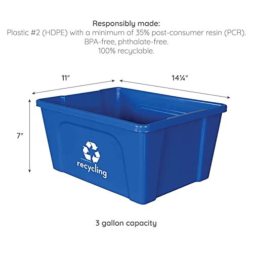 Recycling Rules Low-Profile 3 Gallon Deskside Recycling Bin Container, Perfect for Office Paper and Home Recycling, Eco-Friendly BPA-Free, in Blue, 4-Pack