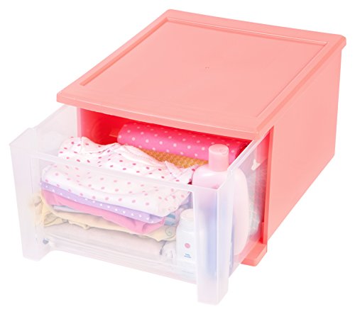 IRIS USA SD-30 Plastic Stacking Drawer, 4-Pack Storage Organizer Unit, 17-Quart, Coral, 4 Count