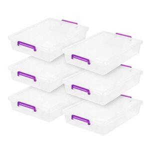 iris usa 6 quart large clear plastic storage bins with lids and secure latches, 6 pack, organizing container for home, work, classroom, paper and craft, stackable, clear/violet