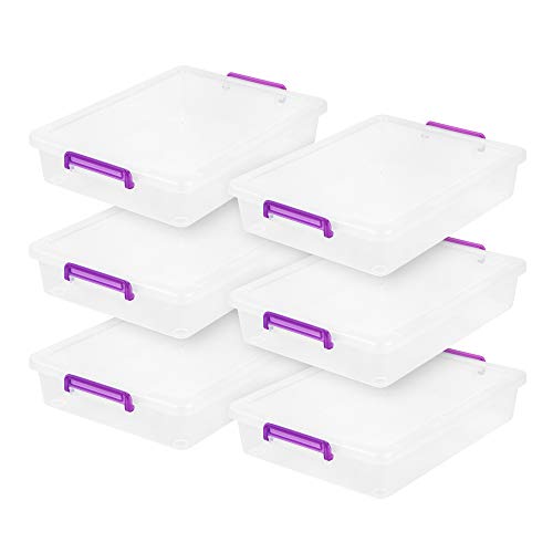 IRIS USA 6 Quart Large Clear Plastic Storage Bins with Lids and Secure Latches, 6 Pack, Organizing Container for Home, Work, Classroom, Paper and Craft, Stackable, Clear/Violet