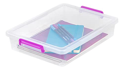 IRIS USA 6 Quart Large Clear Plastic Storage Bins with Lids and Secure Latches, 6 Pack, Organizing Container for Home, Work, Classroom, Paper and Craft, Stackable, Clear/Violet