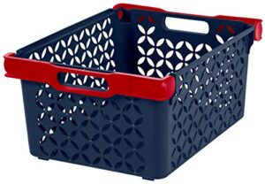 iris usa boy's medium deep decorative storage basket with comfortable grip handles, 8 pack, toy box, nestable, stackable, kid's storage box for book and toy, kid's room playroom organizer, navy/red