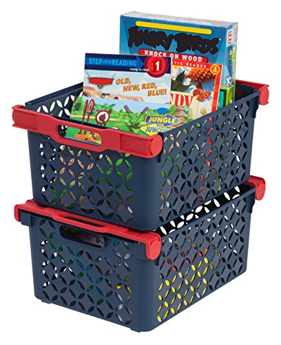 IRIS USA Boy's Medium Deep Decorative Storage Basket with Comfortable Grip Handles, 8 Pack, Toy Box, Nestable, Stackable, Kid's Storage Box for Book and Toy, Kid's Room Playroom Organizer, Navy/Red