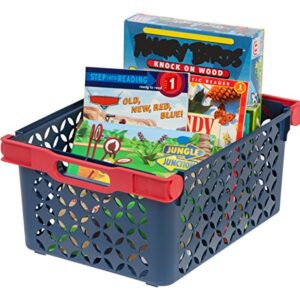 IRIS USA Boy's Medium Deep Decorative Storage Basket with Comfortable Grip Handles, 8 Pack, Toy Box, Nestable, Stackable, Kid's Storage Box for Book and Toy, Kid's Room Playroom Organizer, Navy/Red