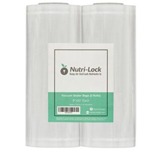 nutri-lock vacuum sealer bags, set of 2 8"x50' bpa-free rolls, vac seal for sous vide & meal prep, commercial grade food vac bags