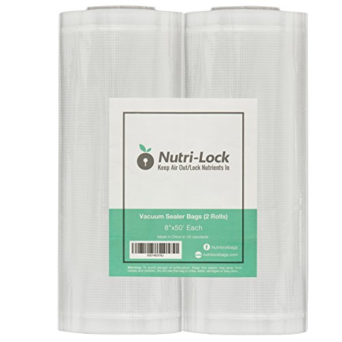 Nutri-Lock Vacuum Sealer Bags, Set of 2 8"x50' BPA-Free Rolls, Vac Seal for Sous Vide & Meal Prep, Commercial Grade Food Vac Bags