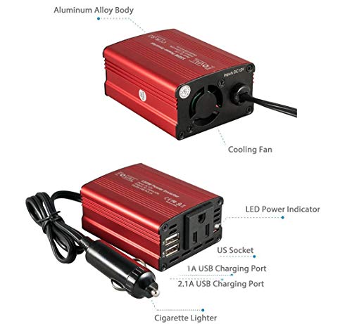 FOVAL 150W Car Power Inverter 12V DC to 110V AC Converter Vehicle Adapter Plug Outlet with 3.1A Dual USB Car Charger for Laptop Computer