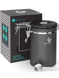 coffee gator stainless steel coffee grounds and beans container canister with date-tracker, co2-release valve and measuring scoop - large, 22oz, gray