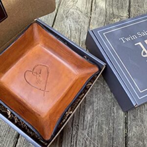 3rd Anniversary Leather Tray. Distressed Leather Valet with Heart.