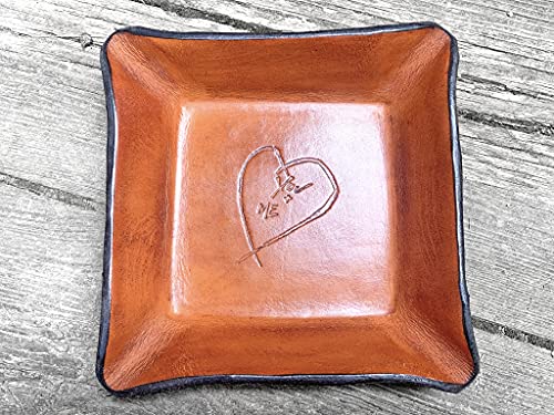 3rd Anniversary Leather Tray. Distressed Leather Valet with Heart.