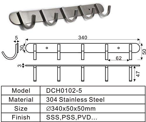 Coat Hook Rack with 5 Square Hooks - Premium Modern Wall Mounted - Ultra durable with solid steel construction, Brushed stainless steel finish, Super easy installation, Rust and water proof