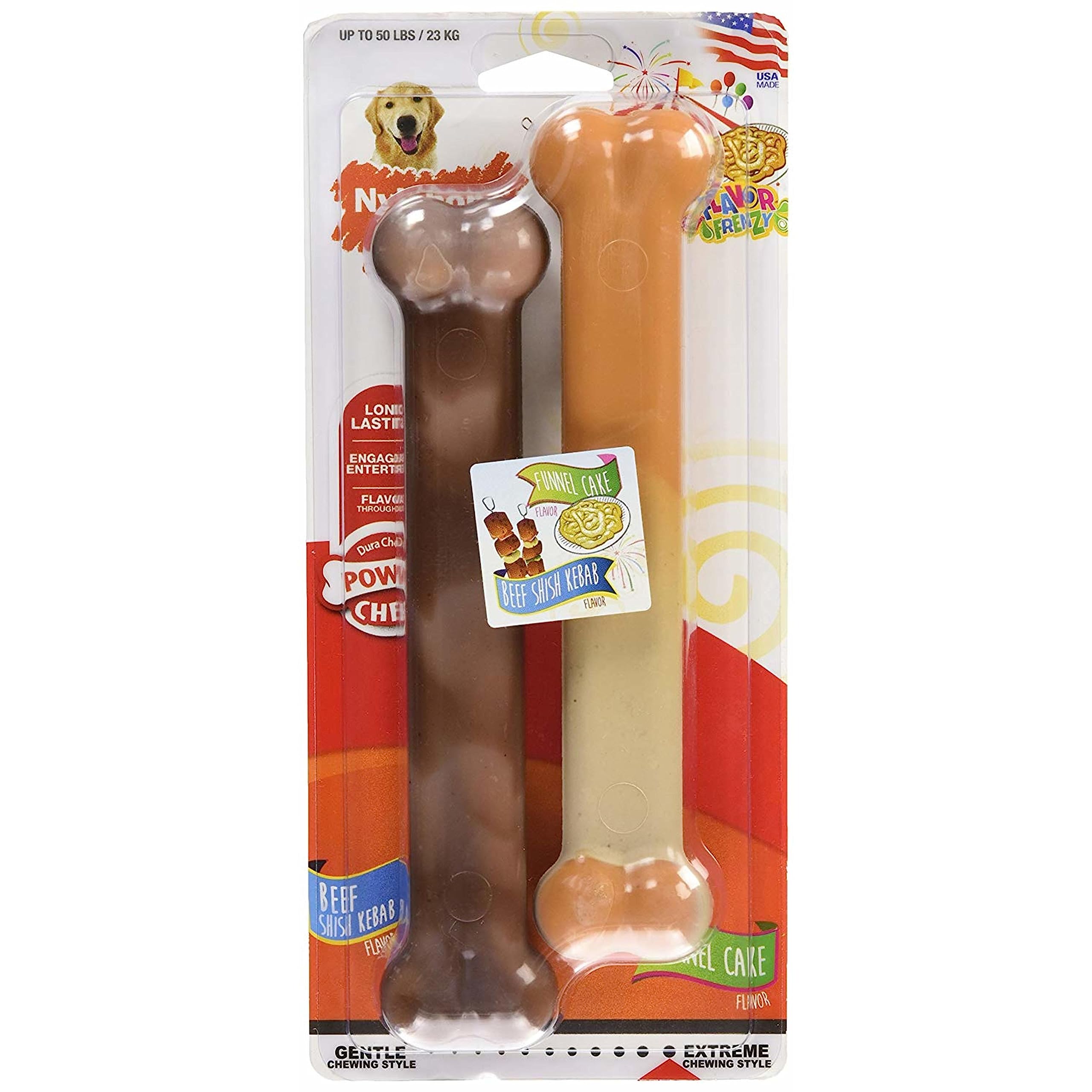 Nylabone Power Chew Flavor Frenzy Durable Dog Chew Toys Twin Pack Funnel Cake & Shish Kabob Large/Giant (2 Count)