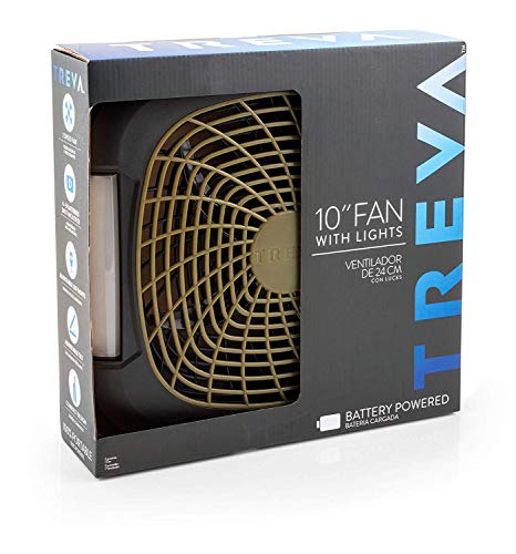 Treva 10-Inch Portable Desktop Air Circulation Battery Fan, 2 Speed, Compact Folding & Tilt Design Fan With Adjustable LED Lights